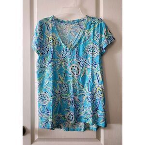 Lilly Pulitzer Women's Top V-Neck Short Sleeve Cotton Summer‎ Top Turquoise Sz S